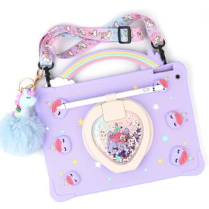 [Super Cute Rainbow Handle Unicorn Case] Compatible with iPad Mini 6th Generation 2021 (8.3 Inch) Pop it Case Cover for Kids Girls with Hand Strap and 360 Rotating Stand - Purple