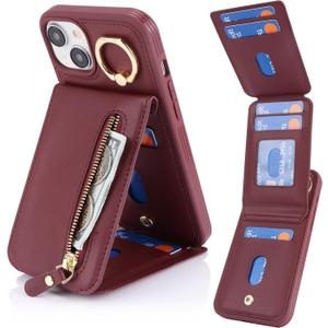 2 x for iPhone 15 Plus Case with Card Holder for Women,for iPhone 15 Plus Phone Case Wallet with Strap Credit Card with Kickstand Zipper Case for Apple15plus - Red Wine