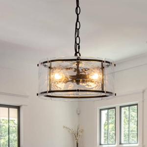 11.8" Black Hanging Pendant Light Fixtures,3 Light Small Drum Glass Dining Room Light Fixtures Over Table with Chain,Chandelier for Foyer,Kitchen Island,Dining Room,Bedroom,Breakfast Nook