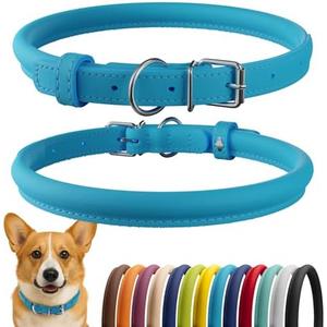 CollarDirect Rolled Leather Dog Collar, Soft Padded Round Puppy Collar, Handmade Genuine Leather Collar Dog Small Large Cat Collars  (11-14 Inch, Light Blue)