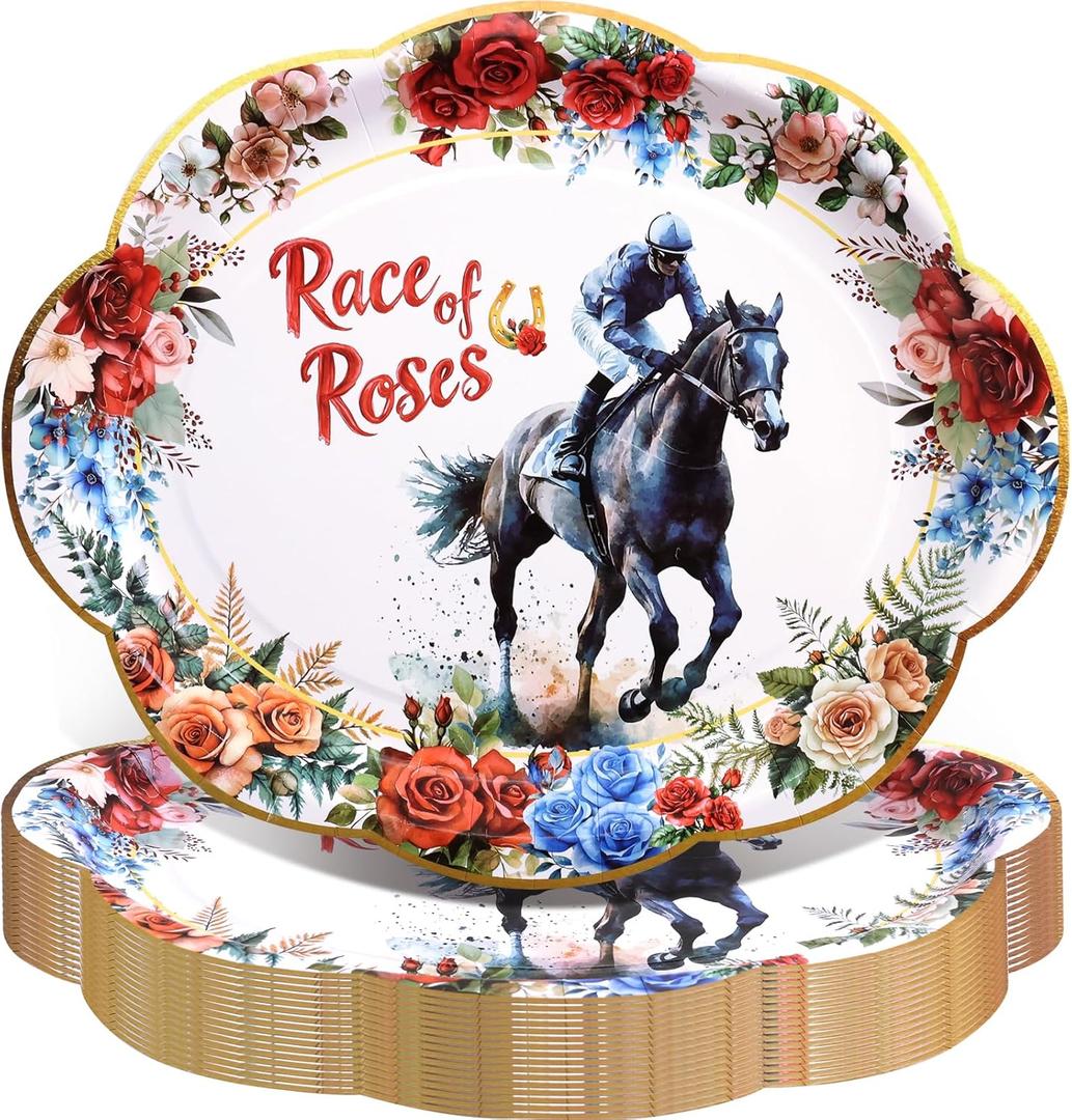 3 x Fancy Land Derby Day Oval Paper Plates Disposable Kentucky Horse Racing Platters Race of Roses Themed Tableware Dinnerware for Birthday Party Decorations 10 x 12 Inches 24Pcs