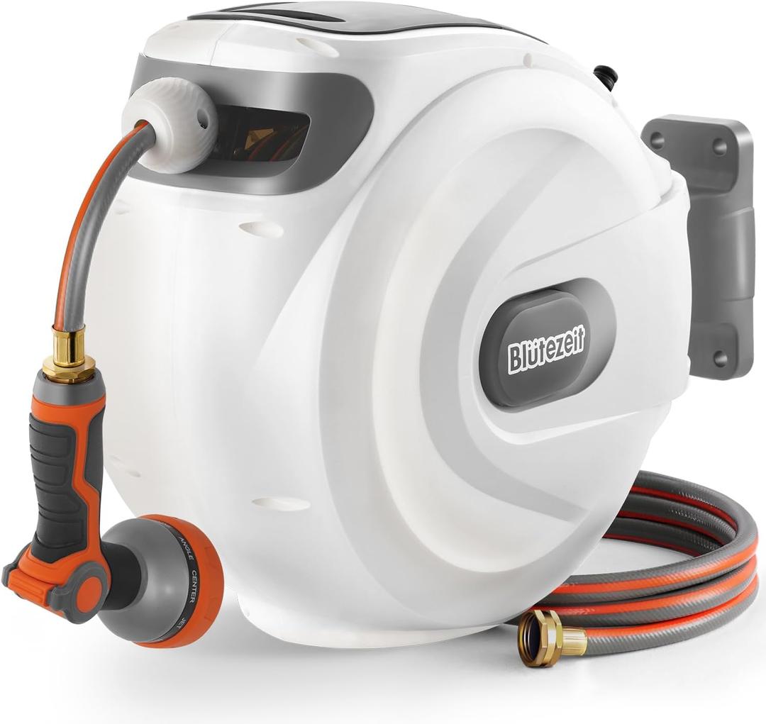 Bltezeit Retractable Garden Hose Reel, 1/2'' x 100ft Hose Reel Wall-Mount with 10-Function Spray Nozzle, Any Length Lock | 180 Swivel | Automatic Slow Rewind | Heavy Duty (White)