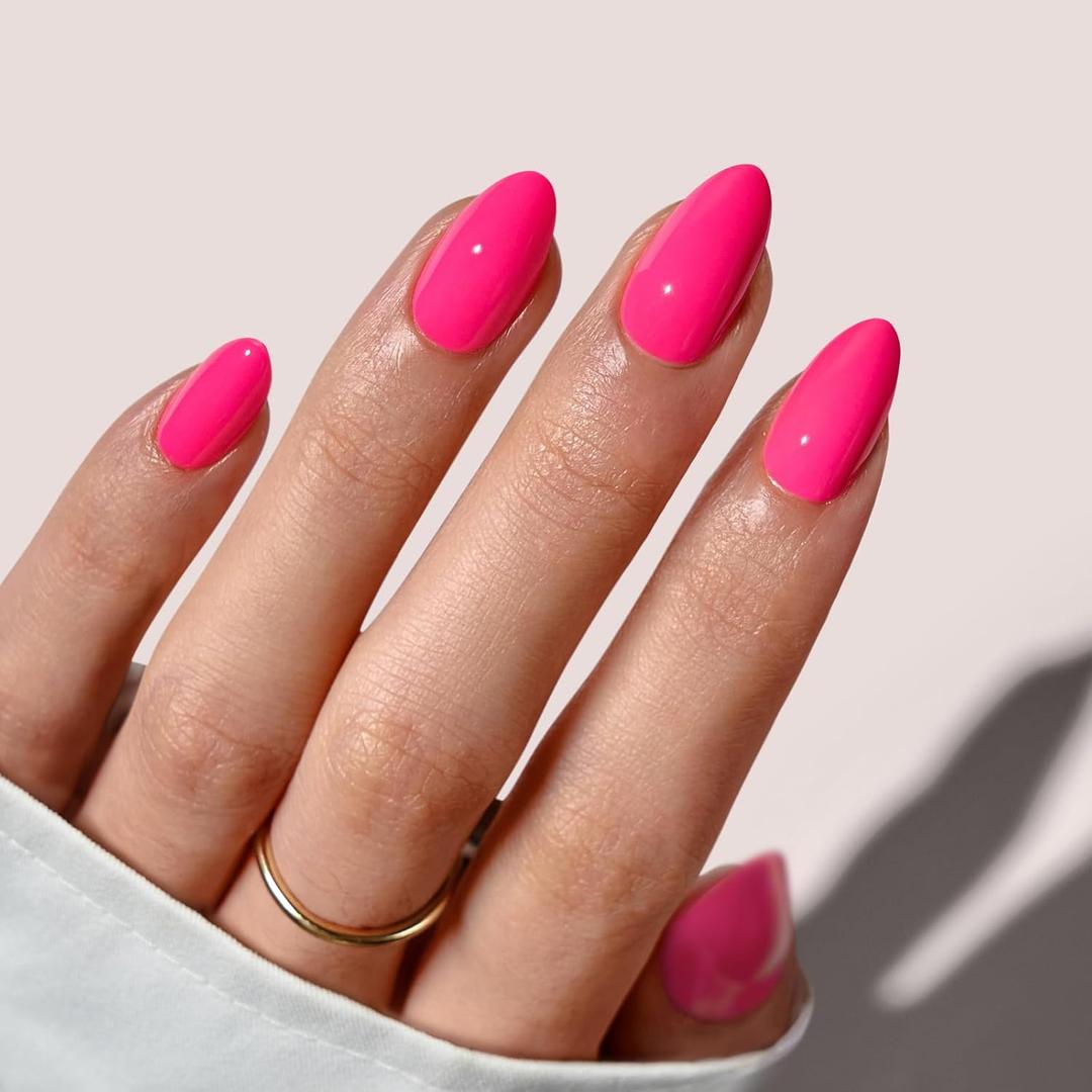 BTArtbox Press On Nails Short - Hot Pink Almond Press On Nails with Glue for Women, Opaque Soft Gel Glue On Nails in 16 Sizes - 32 Stick On Nails Kit, Power Pink