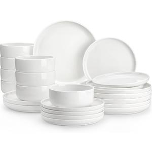 MALACASA Plates and Bowls Sets, 24 Pieces Modern Porcelain Dinnerware Set for 8, Ceramic Dishware Dishes White Kitchen Dinner Dining Ware Set, Microwave and Dishwasher Safe, Series LUNA