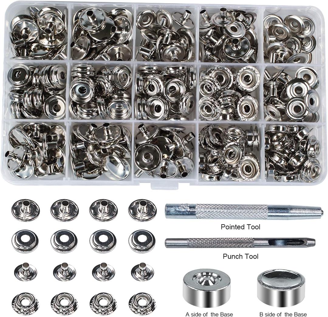 70 Sets 15mm 5/8" Heavy Duty Snap Fasteners Kit, Metal Snaps for Leather Crafts Sewing Repair Clothing Button Kit with Snap Installation Tool (Nickel)