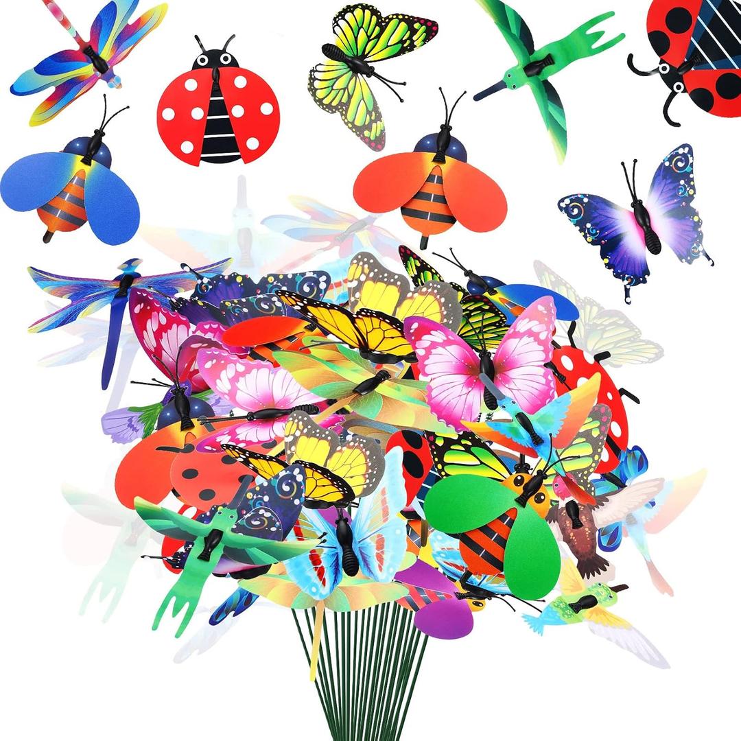 100 Pcs Butterfly Garden Decorations 9.8 Inch Assorted Decorative Plant Stakes Include Bee Hummingbird Ladybug Dragonfly Butterfly Stake for Flower Bouquet Spring Outdoor Indoor Lawn Wall Patio