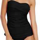 Shuangyu Two Piece Swimsuit for Women, Ruched Tummy Control Tankini Sets with Twist Front, Modest Bathing Suits for Beach (Black, S)