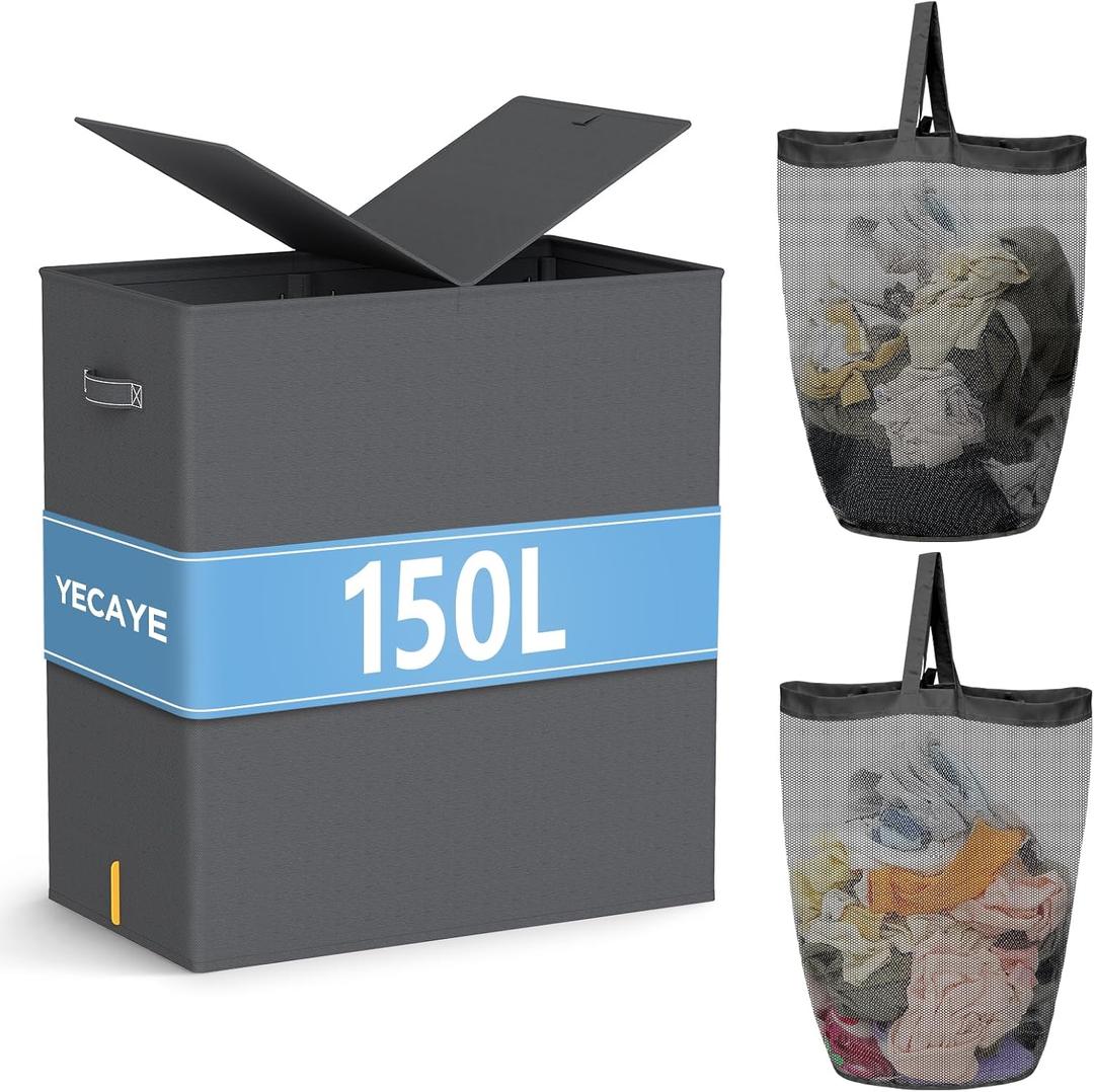 YECAYE 150L Extra Large Laundry Hamper with Lid Foldable Double Laundry Hamper with Removable Liner 2 Section Clothes Basket, Dirty Clothes Basket for Bedroom, Bathroom, Laundry Room,Grey