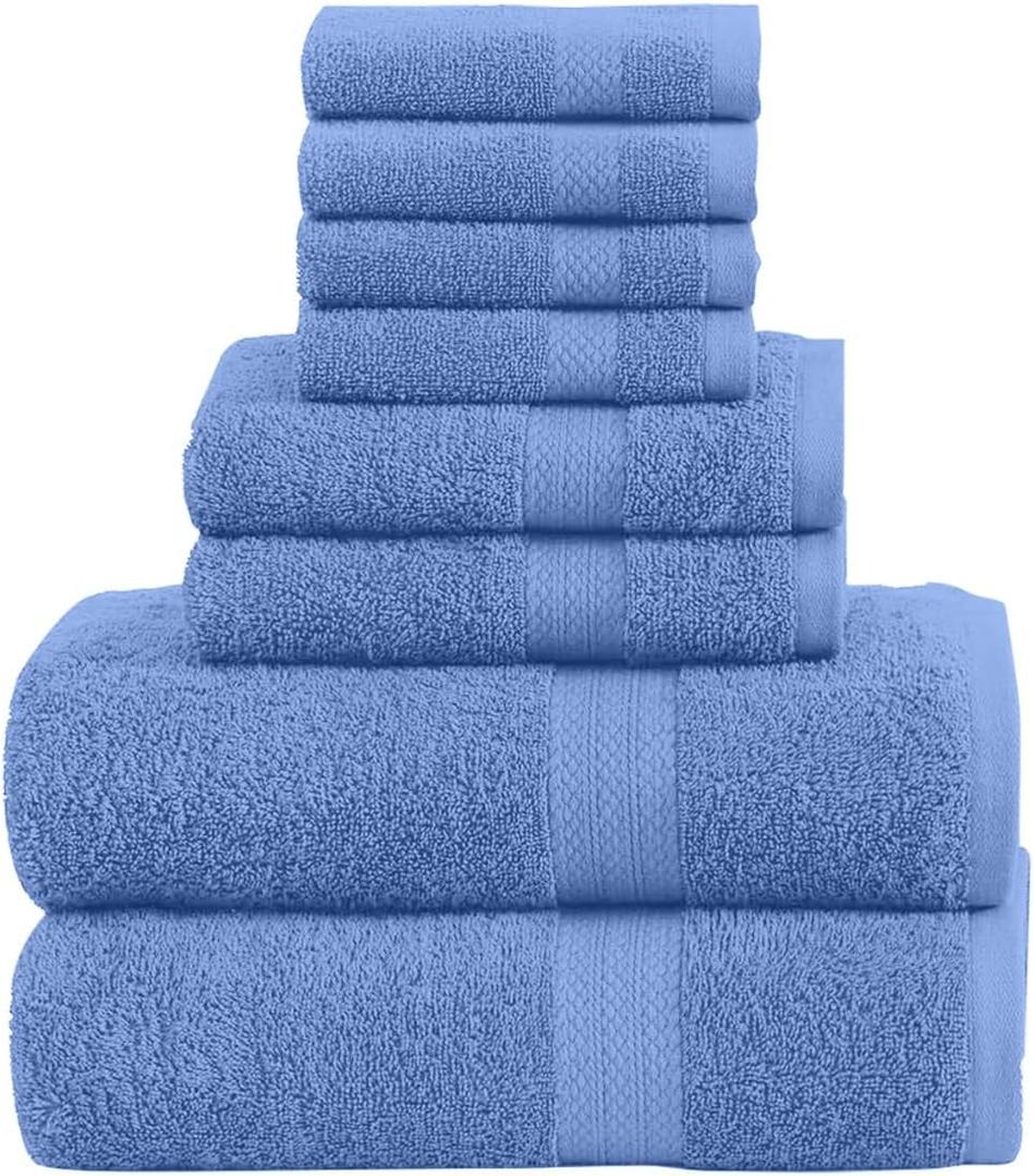 Pack of 8 Towels Set, 2 Large Bath Towels, 2 Hand Towels, 4 Wash Cloths, 100% Cotton, Lighter Weight, Quicker to Dry, Super Absorbent, Perfect for Bathroom (Blue)