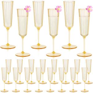 24 Pack Plastic Champagne Glasses Gold Unbreakable Ribbed Champagne Flutes Detachable 5.5 Oz Disposable Wine Stemware Glasses Toasting Cups for Wedding Baby Shower Engagement Thanksgiving Christmas