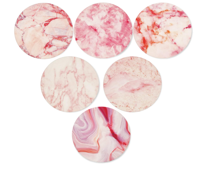AD Set of 6 Coasters for Drinks Absorbing Round Ceramic Stone Coaster with Cork Base Tabletop Protection Mat for Mugs and Cups,Office,Kitchen (Pink Marble)