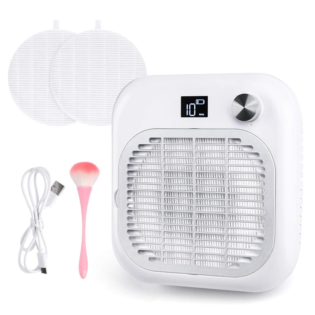 Nail Dust Collector, Dust Collector Nail Tech with 2 Pcs Reusable Filters & Nail Dust Brush, Rechargeable Powerful Dust Suction Machine for Acrylic Gel Polish Manicure Pedicure Salon