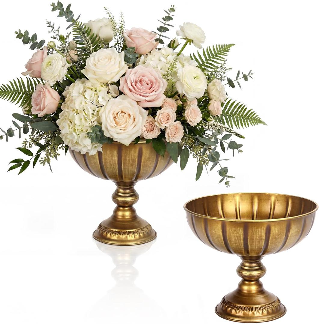 Distressed Gold Flower Vases for Centerpieces,Vintage Metal Pedestal Flower Bowl,Rustic Gold Vase for Wedding Table Decor, Floral Arrangements,Home Decoration,2-Pack (7.4'')