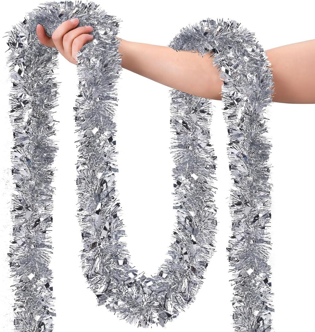 39.5 Ft Christmas Tinsel Garland, Reusable Holiday Metallic Christmas Tree Garland Decoration for Xmas, Wedding, Birthday, Home Party Decor (Silver)
