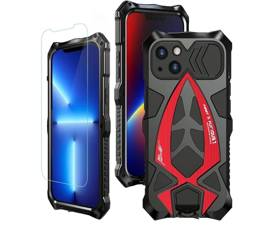 Armor Phone Case for iPhone 13 Military Grade Protective Heavy Duty Full Body Cover Aluminium Bumper Built-in Silicone Shockproof Dustproof - Black + Red