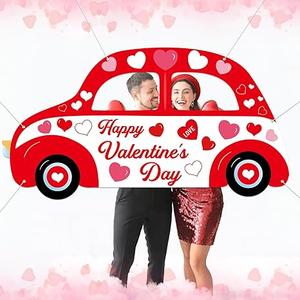 Happy Valentine's Day Photo Prop Selfie Frame Car Shaped Romantic Red Valentines Decor Large Fabric Cute Car Love Heart Backdrop Valentine Photo Booth Frame for Wedding Party Holiday Decor 71x39inch