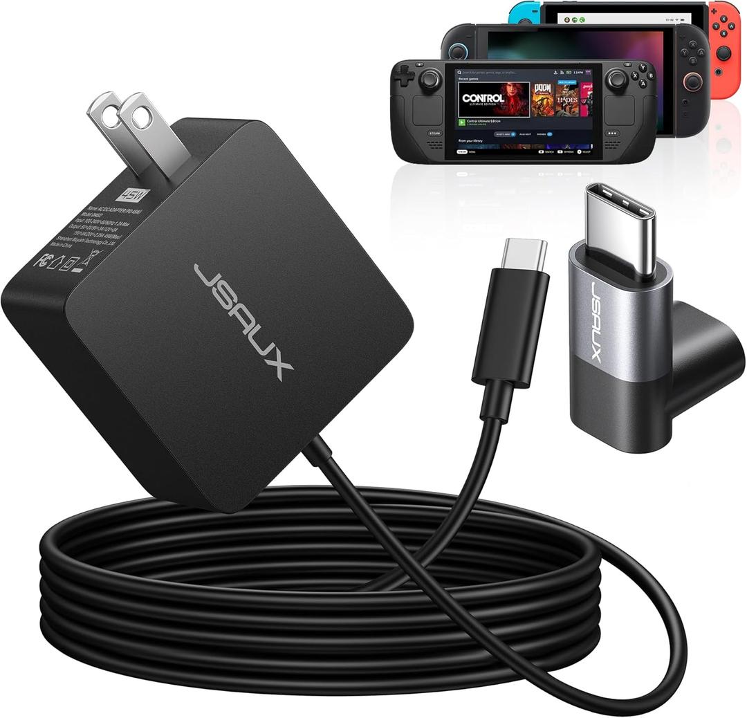 JSAUX 45W USB C Charger for Steam Deck/OLED, 5FT Cable Type C PD 3.0 45 Watt Fast Charging Compatible with Steam Deck, Switch/OLED, MacBook, Samsung S25 S24 S23 S22, iPhone 16/15, iPad, Pixel