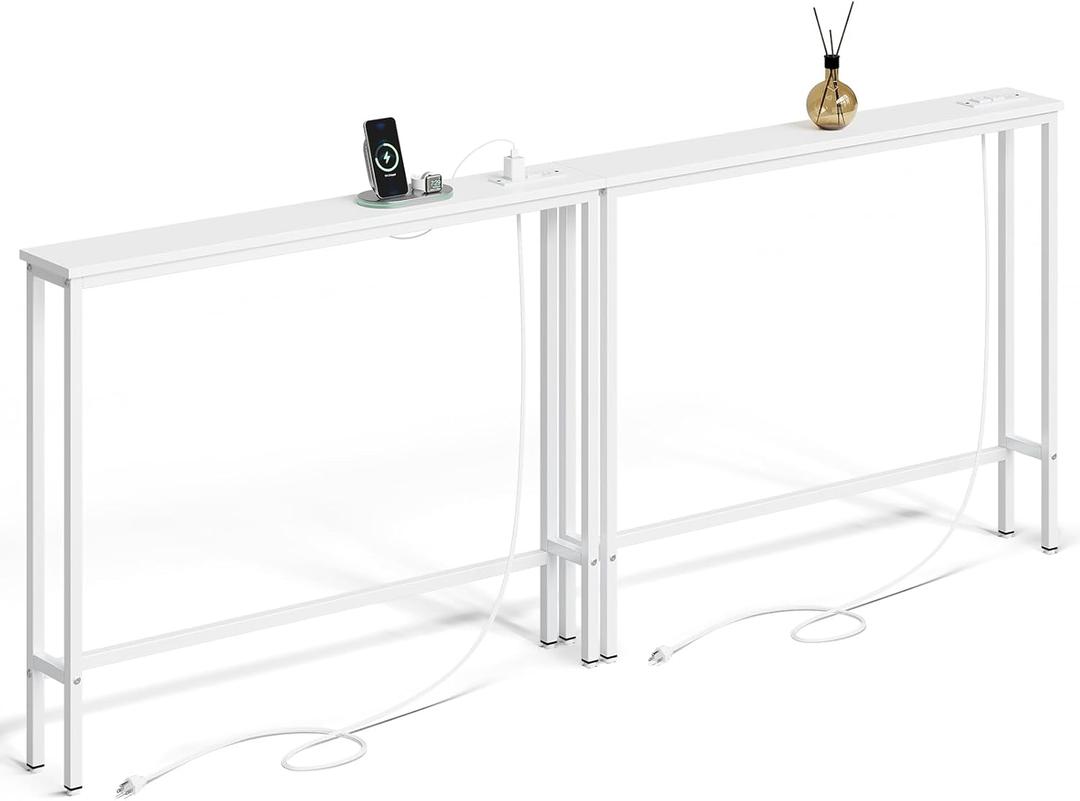 ELYKEN 2 Pack 5.9" Narrow Console Sofa Table with Power Outlets, 5.9" Dx39.4 Wx31.1 H Long Couch Table with Metal Frame and Charge Station with 6.5 Extension Cord, White (5.9"D x 78.8"W x 31.1"H)