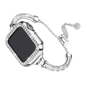 Secbolt Bling Band and Case Compatible with Apple Watch Band 38mm 40mm 41mm 42mm 44mm 45mm, Women Dressy Metal Bracelet with Rhinestone Bumper for iWatch Series 9/8/7/SE/6/5/4/3/2/1
