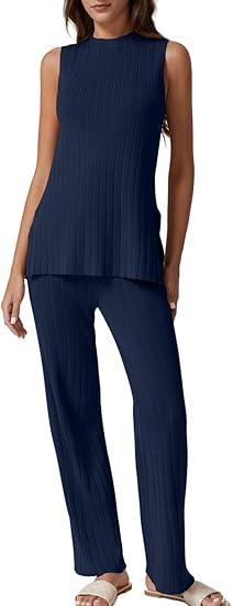 QINSEN Lounge Sets for Women Two Piece Outfits Knit Sleeveless Vented Hemline Tops Wide Leg Pants Sweater Sets, Navy Blue, Size: XL