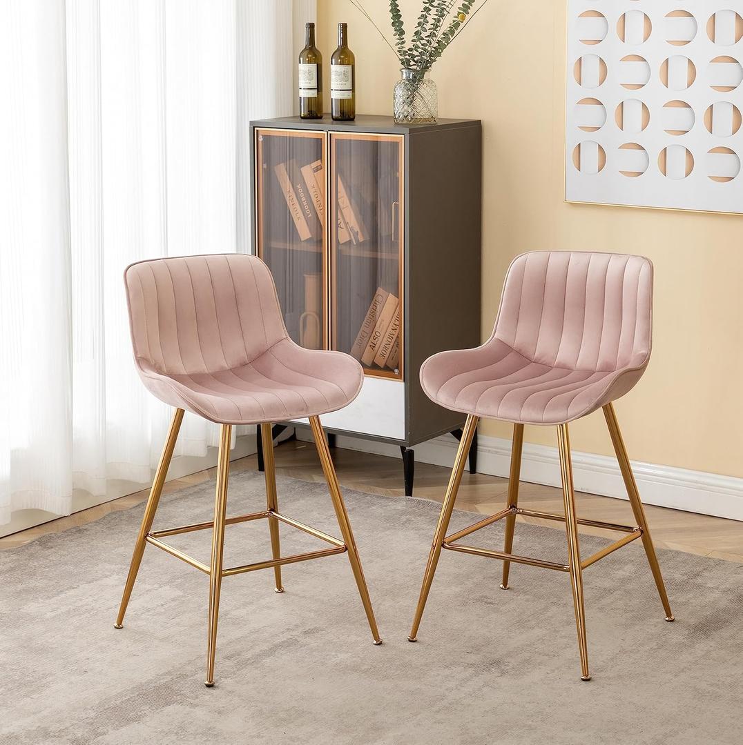 Sidanli Pink Bar Stools Set of 2, Velvet Counter Stools with Footrests, 24 Armless Counter Height Chairs for Bar, Kitchen, Living Room