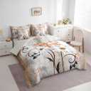 Orange Grey Bedding Sets Rustic Flowers Bed In A Bag Queen Comforter Set 7 Piece,Farmhouse Country Daisy Comforter and Sheets for Kids Girls Women,Vintage Oil Painting Bed Set Ombre Room Decor