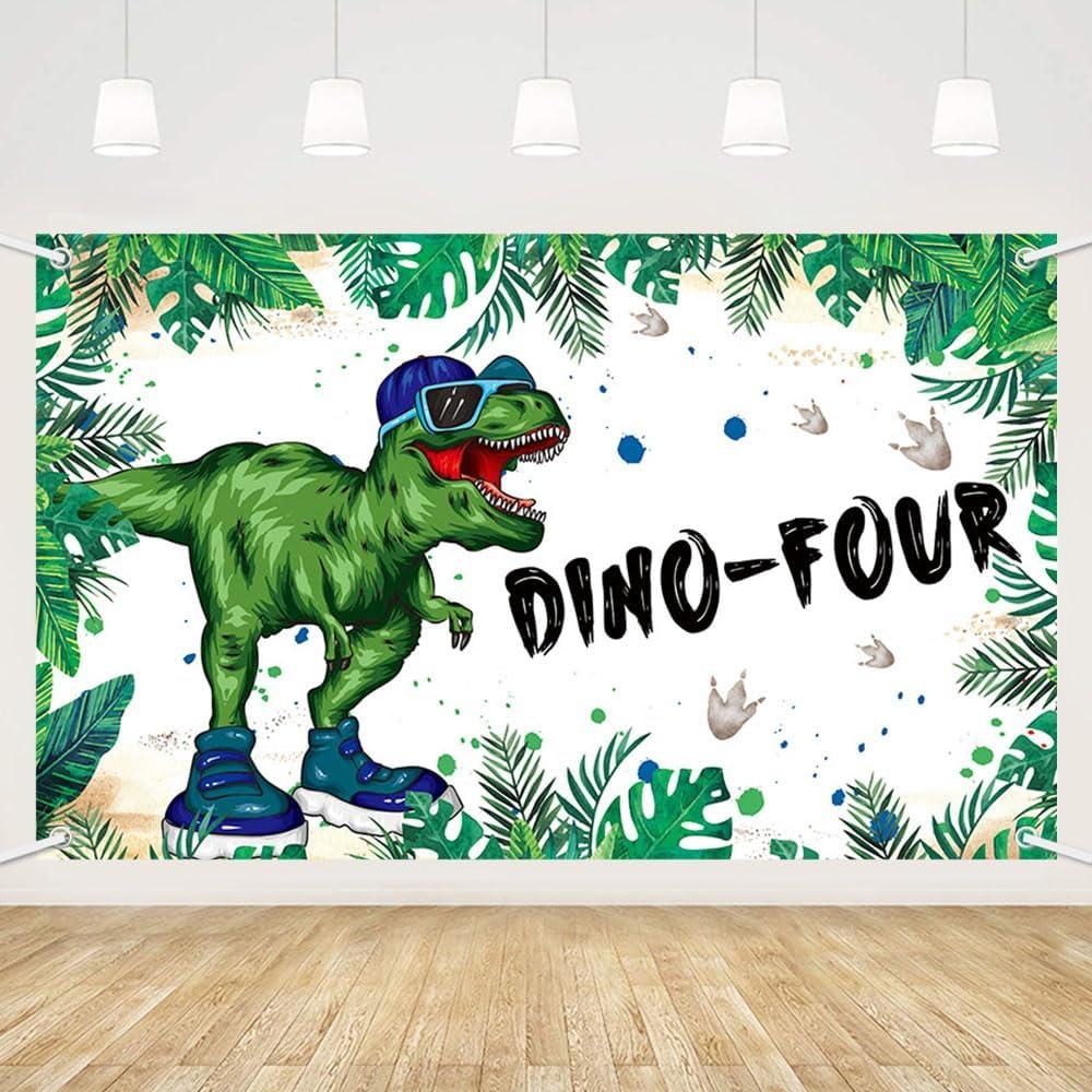 MEHOFOND Dinosaur Dino-Four 4th Birthday Backdrop Dino-Four Birthday Photography Background Greenery Jungle Palm Leaves Dinosaur Birthday Party Backdrop Photo Studio Booth 3.6x5.9ft