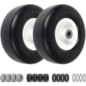 9x3.50-4 Flat Free Lawn Mower Tire & Wheel - 300lb Dynamic Load, PU Solid Tires with 3/4" & 5/8" Bushings, 3.5"-5" Centered Hub Fit Zero Turn Mowers, Wheelbarrows, Air Compressors