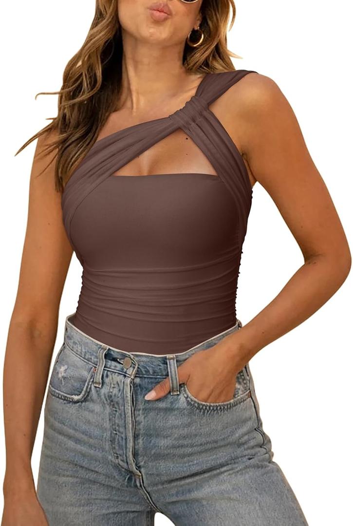 REORIA Womens Sexy One Shoulder Asymmetrical Tank Top Leopard Print Mesh Ruched Sleeveless Backless Trendy Going Out Thong Bodysuits Tops Coffee Small