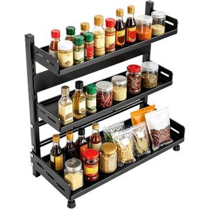 Black 3-Tier Kitchen Countertop Spice Rack Organizer, Height Adjustable Shelf, Carbon Steel Metal Standing Seasoning Storage, 15.75 x 6.3 x 21.26 in for Jars, Bottles, Cans