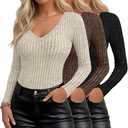 Velvelhall 3 Pack Womens V Neck Sweaters Long Sleeve Ribbed Fitted Shirts Pullover Lightweight Sweater Thermal Fall Layer Top, Small,  Color: Black, Brown, Beige