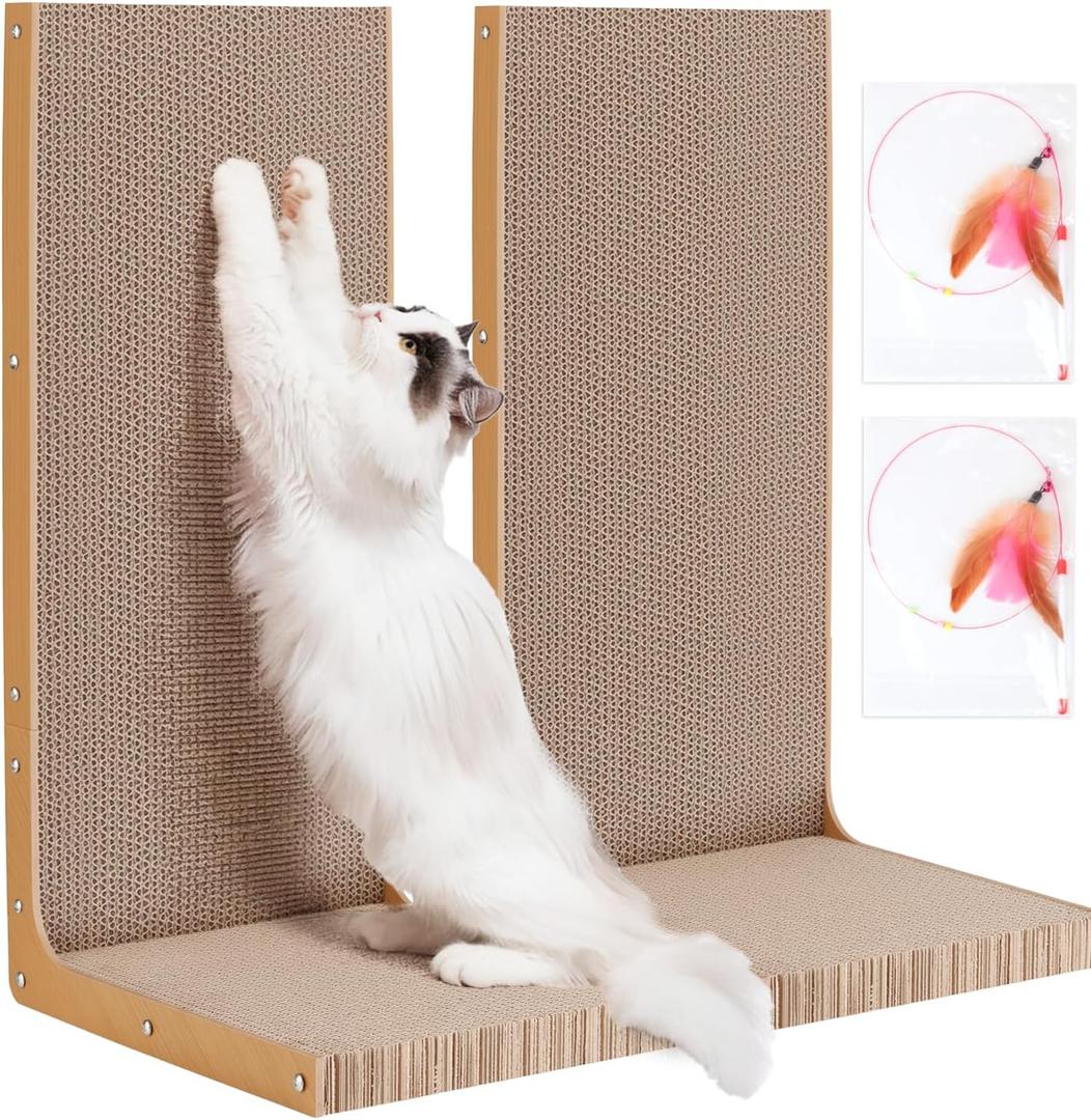 2pcs L Shaped Cat Scratchers, 22 Inch Cardboard Cat Scratcher, Vertical Cat Scratcher for Indoor Cats with Interactive Cat Toys, Double Sided Adhesive Pads