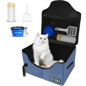 Petskd Portable Travel Litter Box for Cats with Lid and 10 pcs Liner Bags, Light Weight, Leak-Proof and Higher Sides for Road Trips, Hotel Stays, Car Travel(Blue) (Large)