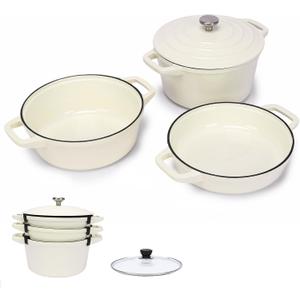 Hisencn Enameled Cast Iron Set,5-Piece 10-Inch Stackable Pots and Pans
Dutch Oven, Skillet, Grill Pan & 2 Universal Lids, Space-Saving Cookware with Protective Spacers, White