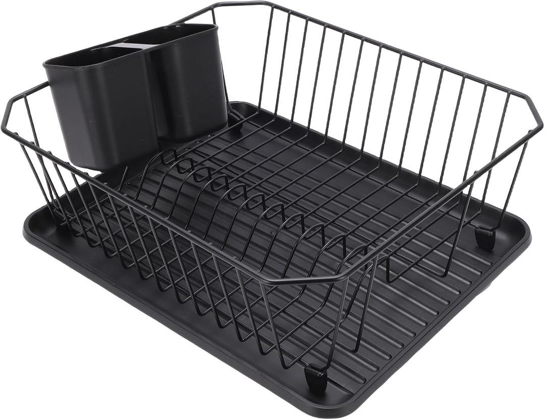 Dish Drying Rack Set, Dish Drainer Rack Iron Dish Strainer with Utensil Holder for Kitchen Counter Sink Spoons and Forks 12.2x14.17x5.12in (Black)
