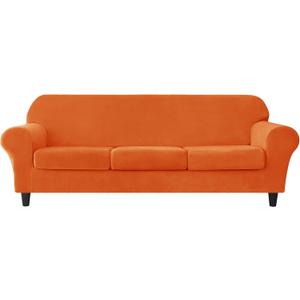 CONRUSER Stretch Sofa Slipcover, Soft Velvet Sofa Covers for 3 Cushion Couch Thick Furniture Protector for Pets & Kids (Orange, L)