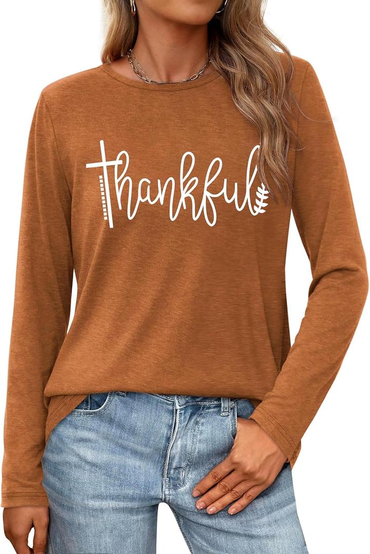 Thanksgiving Shirts for Women: Thankful Letter Printed Long Sleeve Shirt Thankful Greatful Blessed Shirts Fall Pumpkin Tops (XL)