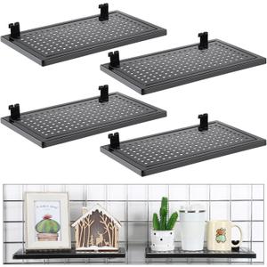Coume 4 Pack Gridwall Perforated Shelf, 13.8'' x 7.9'' Black Metal Display Rack Heavy Duty Hanging Gridwall Straight Shelf Grid Wall Accessories for Craft Show Fair Garage Home Retail Display Storage