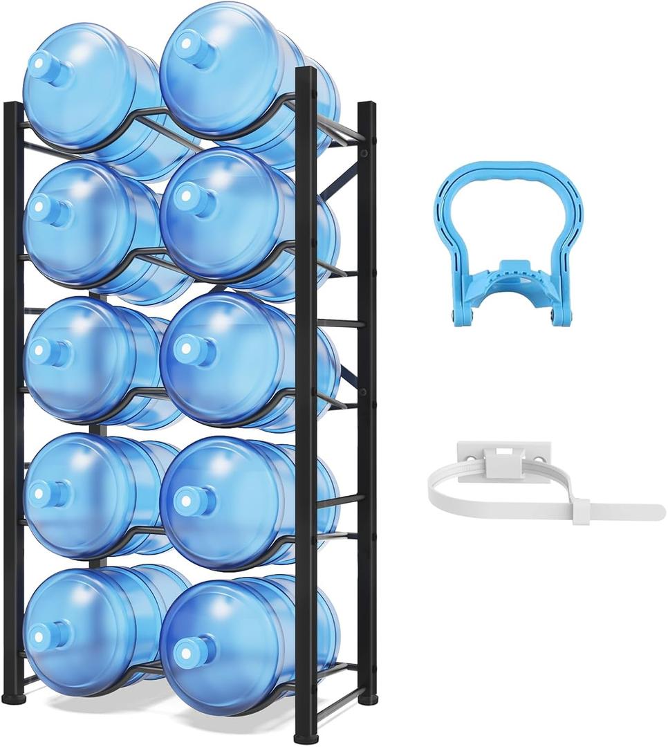 5 Gallon Water Jug Holder, 5-Tier Heavy Duty Water Bottle Rack for 10 Bottles, Reinforced Carbon Steel 5 Gallon Water Bottle Holder for Office, Family, Garages, Restaurant Gym (Black)