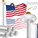 Heavy Duty Flag Pole Kit with Solar Light, 25 FT 13 Gauge Aluminum in Ground Flagpole with 128 LEDs Solar Powered Set for House Outside, with Embroidered American Flag, Residential Commercial, Silver