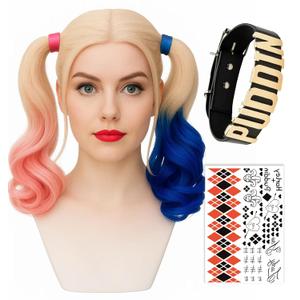 Swooflia Pink and Blue Cruly Wig for Women & Cosplay Accessories - Convenient Set Includes Adjustable Wig Cap, Choker, Cosplay Wig for Halloween, Costume, Party and Daily Use (Wig2-02)