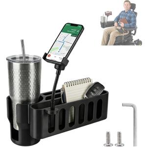 Cup Holder for Permobil Power Wheelchair,for Permobil Wheelchairs with Uni-Track Armrest Rails,3-in-1 Cup Holder,Phone Holder,Storage Basket,for M300,M3,M1,F3,F5 Etc,Easy Install,Secure Mount