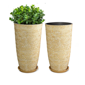 Two QCQHDU 9 Gallon Tall Large planters for Outdoor/Indoor Plants of 12" Dia x 21" H Round Flower Pots Set Faux Stone Finish Front Door Patio Square Porch Planters with Tray, Beige