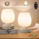 Touch Bedside Lamp, Mini Stepless Dimmable Table Lamps for Bedroom for Night Stands, Small Desk Lamp with Brightness Memory, USB Charging Ports, Warm LED Bulb, White, Round Shape, 2 Set