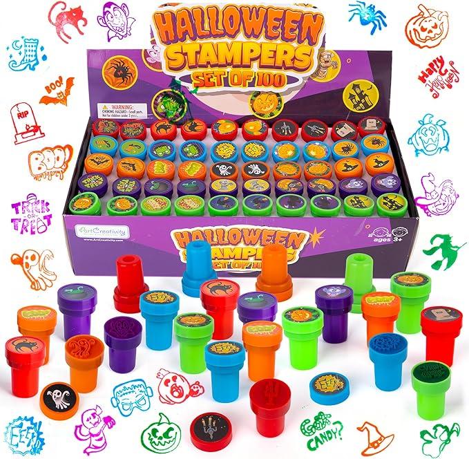 ArtCreativity Halloween Stamps for Kids, Pack of 25 Assorted Pre-Inked Spooky Stampers, Best for Party Favors, Goodie Bag Fillers, Trick or Treat Toy Supplies, Birthday Gift Bags, Pumpkin Stamp