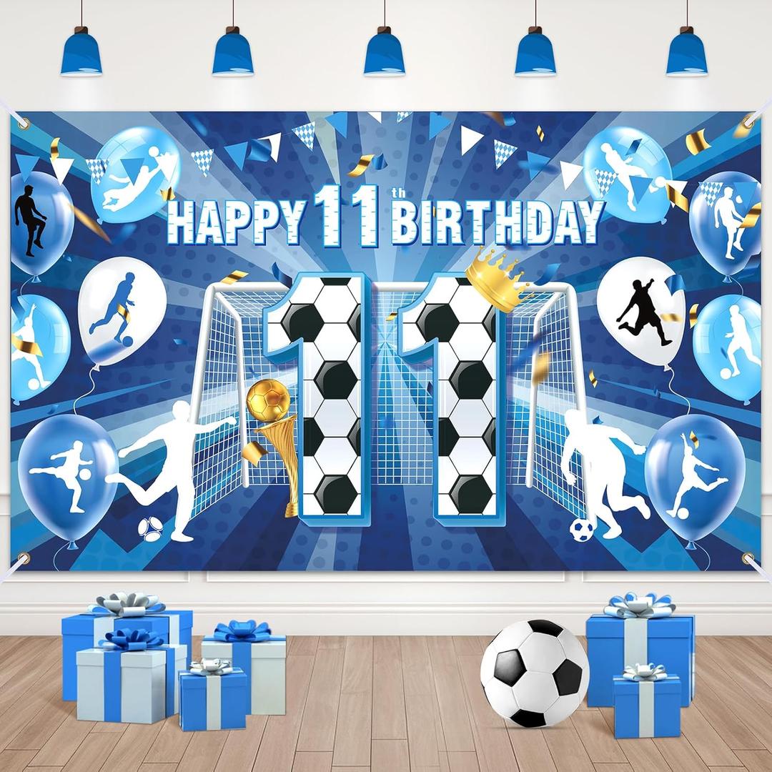 Soccer 11th Birthday Decorations for Boys Blue Soccer Happy 11th Birthday Banner Sports Birthday Backdrop Background Photo Booth Props for Kids Teen Soccer Ball 11 Years Old Anniversary Party Supplies