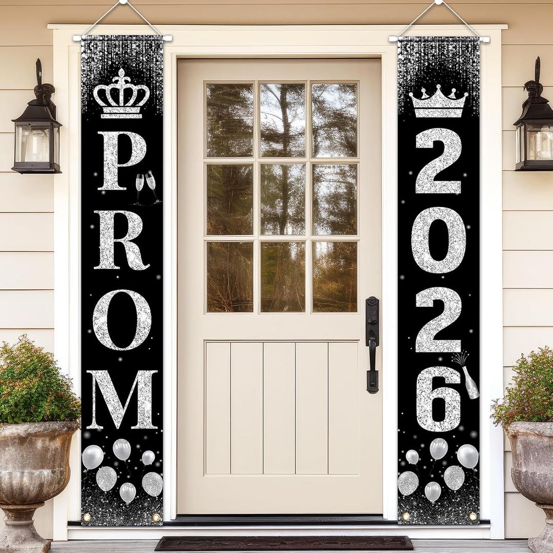 Prom Send Off Decorations 2026 Porch Sign, Black and Silver Prom Banner for Door 2026 Prom Decorations Door Banner Prom Party Decorations for High School College Graduation Prom Party Supplies