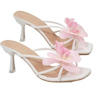 MakeMeChic Women's Open Toe Floral Kitten Heels Flower Summer Beach Sandals (White, 6.5)