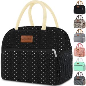 Coobiiya Lunch Bag Women,Lunch Box LunchBag for Women Adult Men, Small Leakproof Cute Lunch Tote Large Capacity Reusable Insulated Cooler Lunch Container for Work/Office/Picnic/Travel-Black Polka Dot (A-Regular Lunchbag, A-Polka Dot)