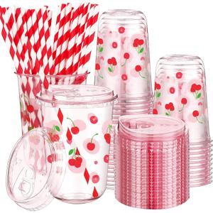 LemonRoad 50 Sets Cherry Clear Plastic Cups with Lids & Straws 16 oz Pink Party Tumblers for Iced Coffee, Smoothies, Juice & More Cute Disposable Pet Mugs for Birthdays & Gatherings